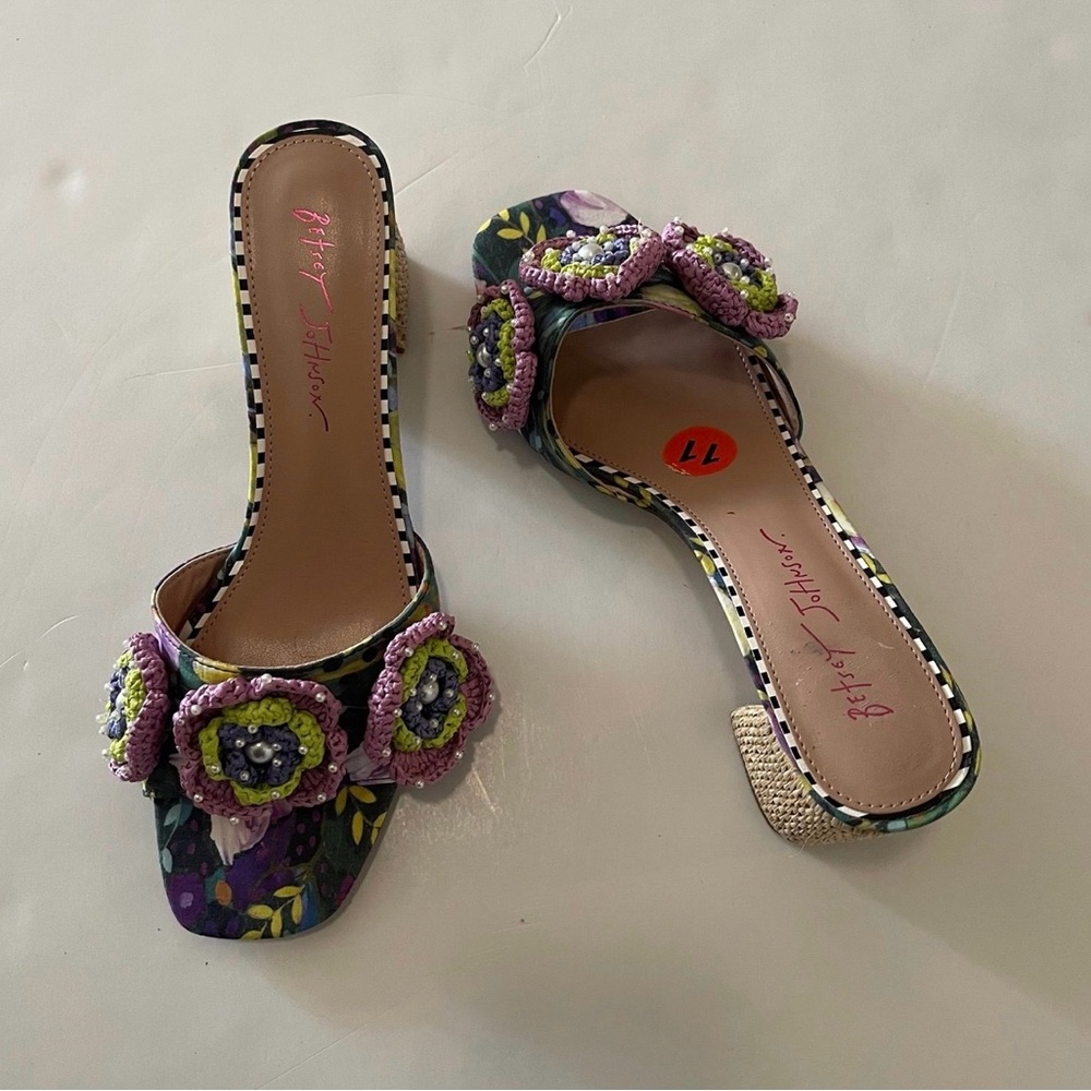 Stylish Vibrant Purple and Green Betsy Johnson Floral Mules Sandals